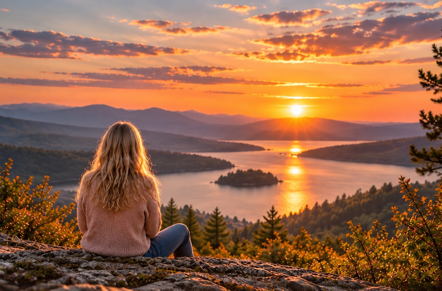 A woman sitting on a hilltop watching a golden sunset over a lake and mountains