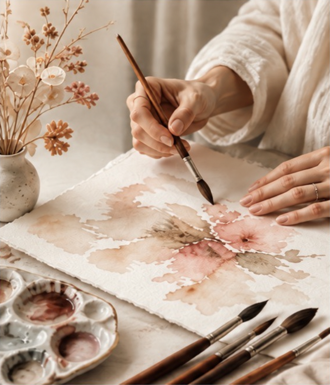 Hands painting soft watercolor flowers with brushes and a ceramic palette nearby