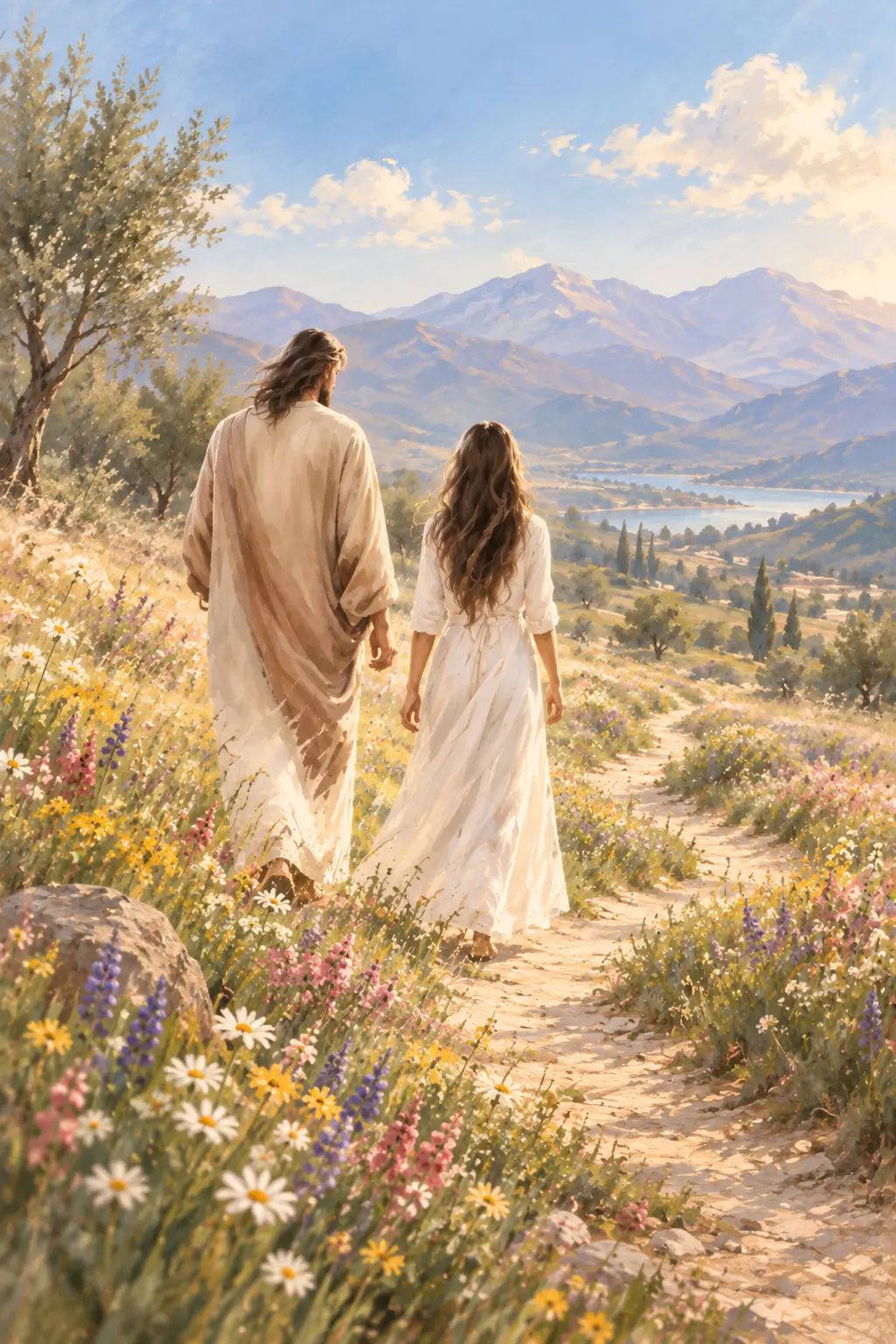 Watercolor painting of Jesus Christ walking a wildflower path with a young woman